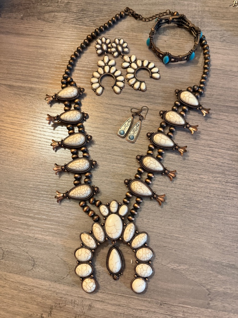 Copper Squash Blossom Necklace & Earrings & Bracelet Lot